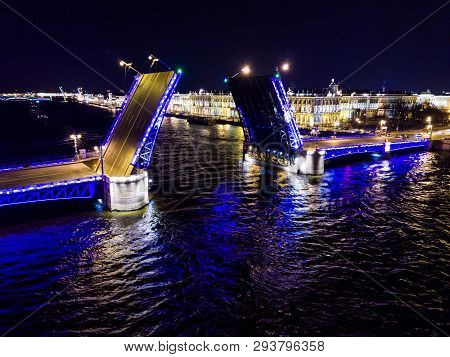 Summer Night, Saint Petersburg, Russia. Neva River. Drawn Bascule Moveable Palace Bridge. Winter Pal
