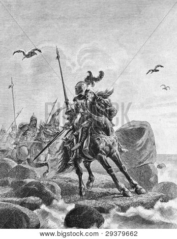 Ridder te paard. Gravure door Shyubler van picture by schilder Stein. Gepubliceerd in het tijdschrift 