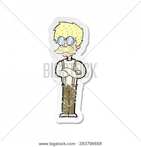 retro distressed sticker of a cartoon hipster man with mustache and spectacles