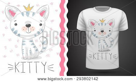 Pretty Kittty Idea For Print T-shirt. Hand Draw