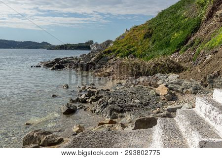 Ammouliani, Greece - April 3, 2015: Coastline Of Ammouliani Island, Athos, Chalkidiki, Central Maced