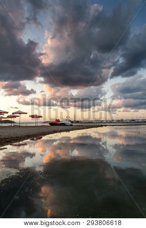 Chernomorets, Bulgaria - August 10, 2018:  Amazing Sunset View Of Beach Of Chernomorets, Burgas Regi