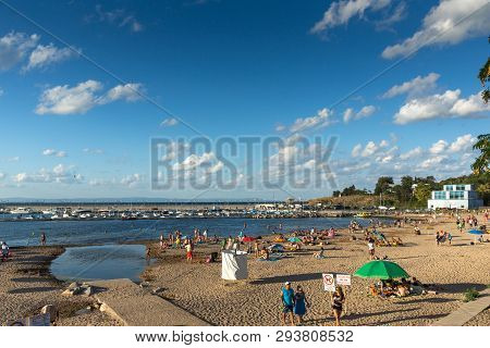 Chernomorets, Bulgaria - August 11, 2018:  Sunset View Of Beach Of Chernomorets, Burgas Region, Bulg