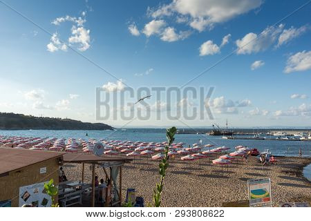 Chernomorets, Bulgaria - August 11, 2018:  Sunset View Of Beach Of Chernomorets, Burgas Region, Bulg