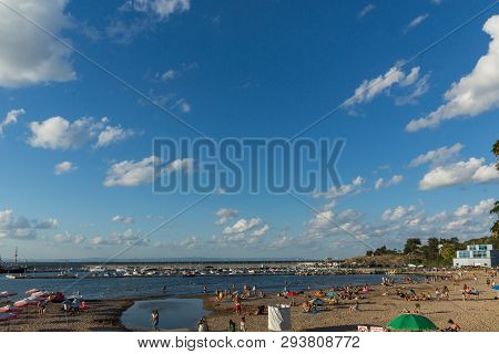 Chernomorets, Bulgaria - August 11, 2018:  Sunset View Of Beach Of Chernomorets, Burgas Region, Bulg
