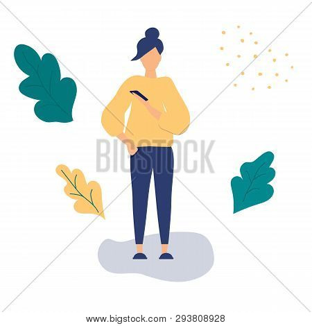 Trendy Concept Of Using Mobile Phone:girl With Smart Phone.flat Funky Figures Style.decorated Beauti