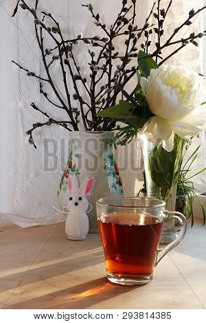 A Mug Of Tea, A Cup Of Corn And A Cake On A Sunny Table, A Bouquet Of Spring Flowers For Mood, Diet 
