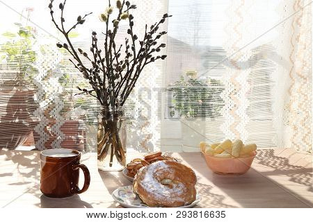 A Mug Of Milk, A Cup Of Corn And Cake On A Sunny Table, A Bouquet Of Spring Flowers For Mood, Diet F