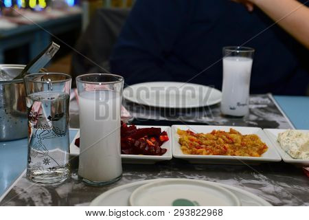 Turkish Raki And Appetizers Close Up View