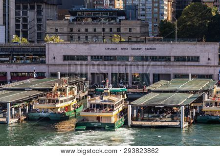 Sydney, Australia - February 12, 2019: Closeup Of Ferry Terminal And Circular Quay Railway Station. 