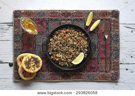 Indian Minced Meat Qeema On A White Wooden Table. Top View.
