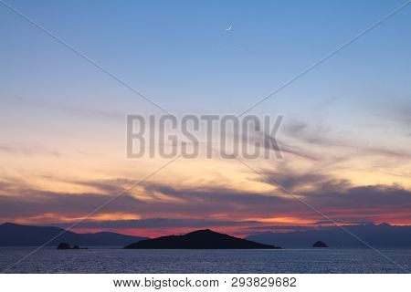 Seaside Town Of Turgutreis And Spectacular Sunsets. With New Moon