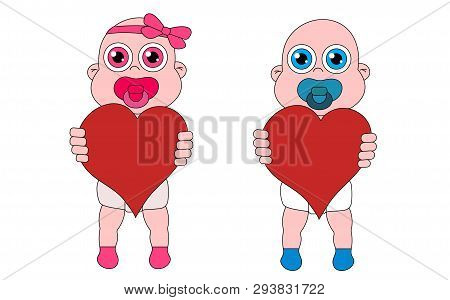 Baby Girl And Boy With Hearts. Stock Vector Isolated Illustration