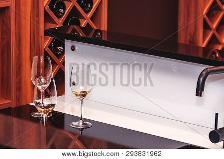 Sommelier, Cavist. 3 Glasses On The Table, White Wine. Wine School. Wine Tasting. Tinted