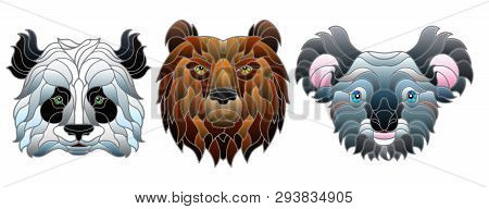 A Set Of Stained Glass Items, Stained Glass With Animal Heads, A Panda Bear, A Brown Bear And Koala 