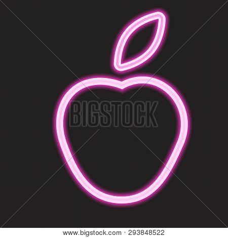 Apple Outline In Neon Style. Simple Shiny Icon In Pink Color Isolated On Black Background. Vector Co