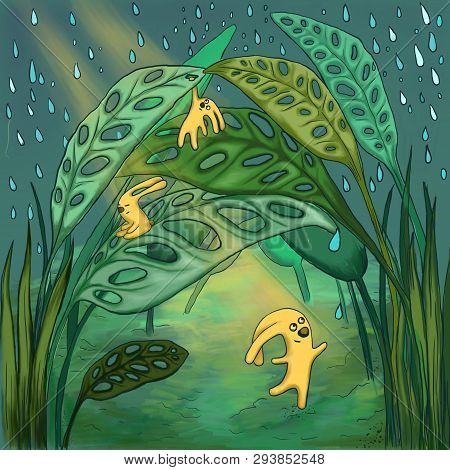 Yellow Sunbeams And Monstera On A Green Background