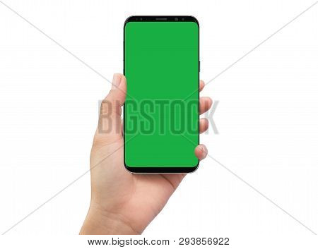 Isolated Human Left Hand Holding Black Mobile Green Screen Smartphone