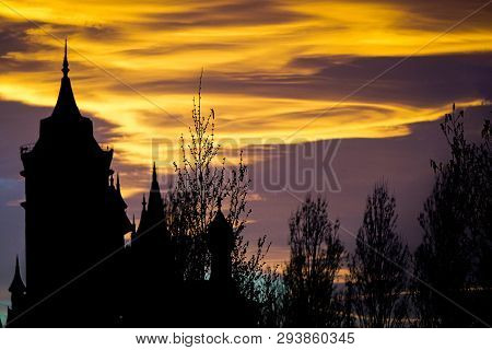 Sazova Touristic Fairy Castle In Eskisehir Turkey On Sunset Backlit