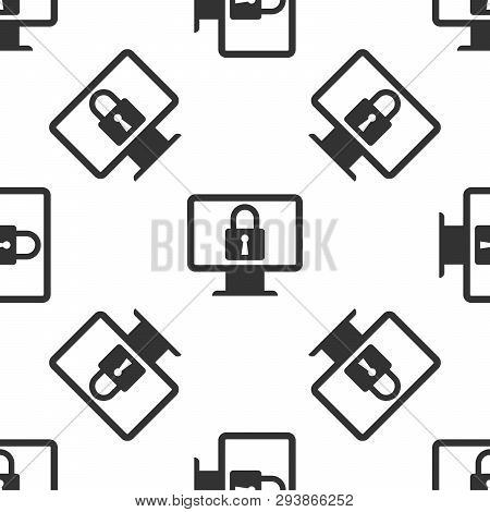 Grey Lock On Computer Monitor Screen Icon Isolated Seamless Pattern On White Background. Monitor And