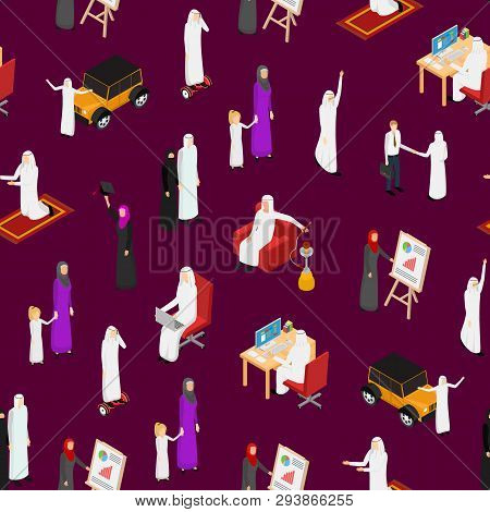 Arab Muslims People 3d Seamless Pattern Background Isometric View. Vector