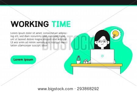 Office Woman Working With Laptop, Simple And Clean Line Doodle Vector Illustration