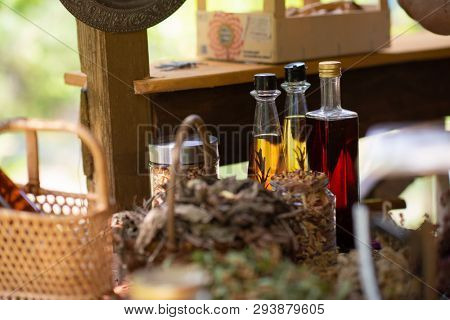 tincture or potion bottle in hand of herbalist  bunch of dry healthy herbs in background alternative medicine