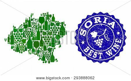 Vector Collage Of Grape Wine Map Of Soria Spanish Province And Blue Grunge Stamp For Best Wine Award