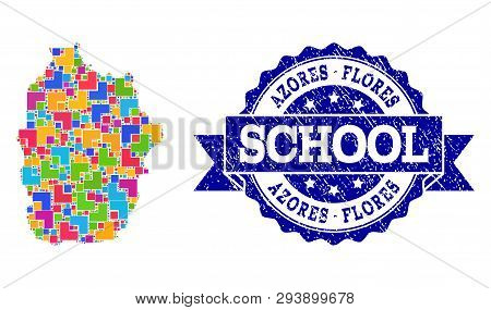 Mosaic Puzzle Map Of Azores - Flores Island And Scratched School Stamp With Ribbon. Vector Map Of Az