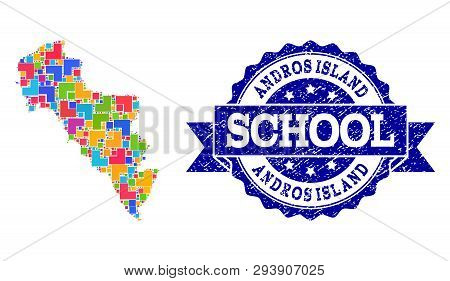 Mosaic Puzzle Map Of Greece - Andros Island And Corroded School Seal Stamp With Ribbon. Vector Map O
