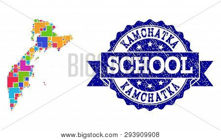 Mosaic Puzzle Map Of Kamchatka Peninsula And Corroded School Seal Stamp With Ribbon. Vector Map Of K