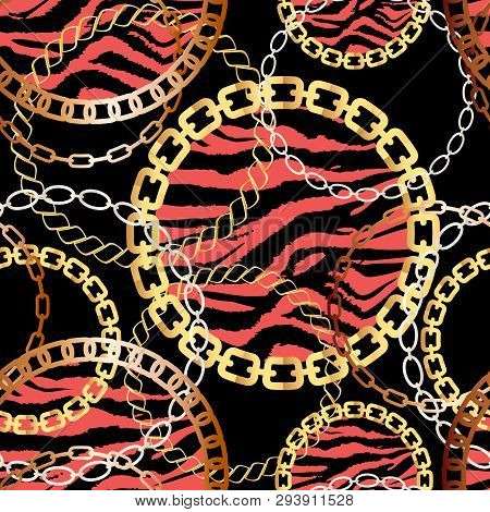 Fashion Seamless Pattern With Golden Chains And Tiger Print. Fabric Design Background With Chain, Me