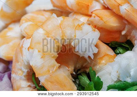 Raw Fresh Shrimps Prawns Seafood Closeup Rotate. Macro Of Red Uncooked Fresh Cleaned Shrimps Without