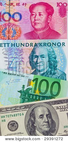 chinese yuan. eurpÃÂ¤ische euro banknotes. american dollars. swedish crowns