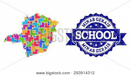 Mosaic Puzzle Map Of Minas Gerais State And Rubber School Seal Stamp With Ribbon. Vector Map Of Mina