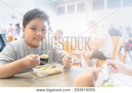 Obese Fat Boy Eating Box Lunch In Food Court, Fastfood Concept