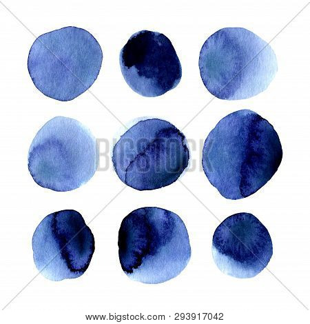 Set Of Hand Painted Indigo Blue Watercolor Simple Polka Dot. Isolated On White Background. Navy Blue