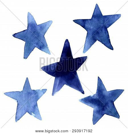 Set Of Hand Painted Indigo Blue Watercolor Simple Stars. Isolated On White Background. Navy Blue Mod