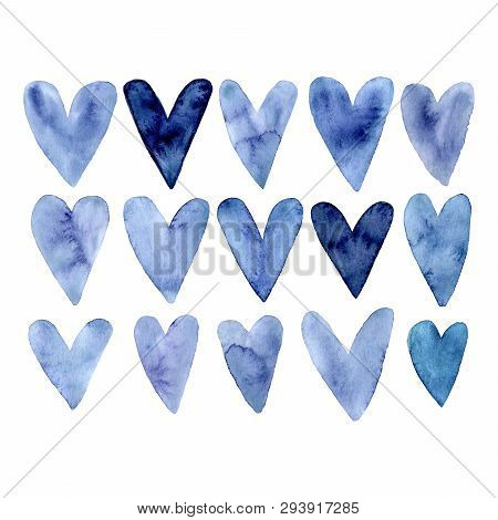 Set Of Hand Painted Indigo Blue Watercolor Hearts. Isolated Heart On White Background. Cute Hearts E