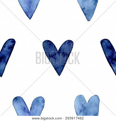 Seamless Pattern With Hand Painted Indigo Blue Watercolor Hearts. Valentines Day, Aquarelle Illustra