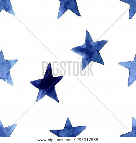 Seamless Pattern With Indigo Blue Watercolor Simple Stars. Hand Painted Navy Blue Modern Star. Gift 
