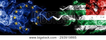 European Union Vs Abkhazia, Abkhazian Smoke Flags Placed Side By Side. Thick Colored Silky Smoke Fla