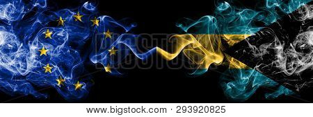 European Union Vs Bahamas, Bahamian Smoke Flags Placed Side By Side. Thick Colored Silky Smoke Flags