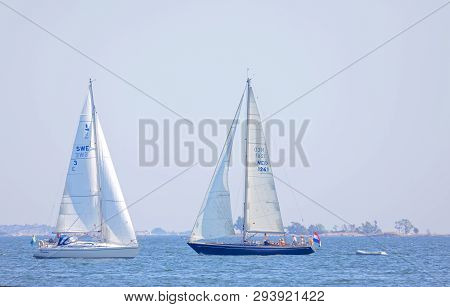 Soderarm, Sweden - Jul 18, 2018: Two Sailship On The Blue Ocean In The Swedish Archipelago, Islets I