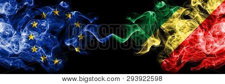 European Union Vs Congo, Congolese Smoke Flags Placed Side By Side. Thick Colored Silky Smoke Flags 