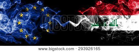 European Union Vs Iraq, Iraqi Smoke Flags Placed Side By Side. Thick Colored Silky Smoke Flags Of Eu