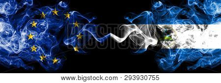 European Union Vs Nicaragua, Nicaraguan Smoke Flags Placed Side By Side. Thick Colored Silky Smoke F