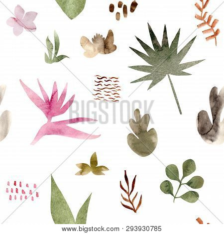 Watercolor Seamless Pattern Of Tropical Flowers And Leaves. Tropic Summer Print For Fabric Textile, 