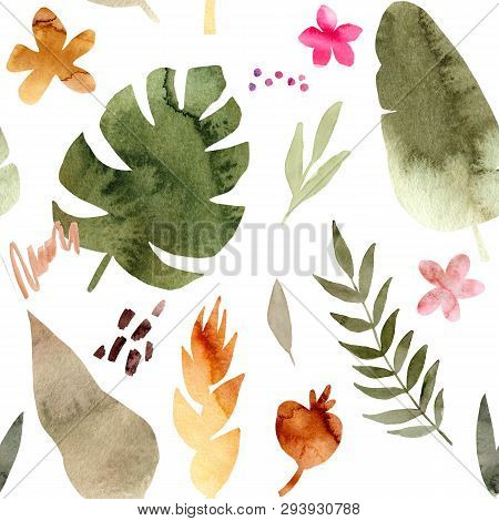 Watercolor Seamless Pattern Of Tropical Flowers And Leaves. Tropic Summer Print For Fabric Textile, 
