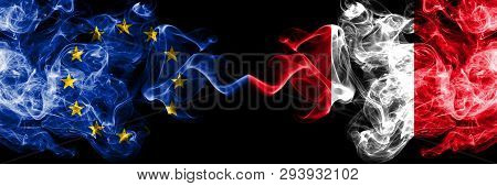 European Union Vs Peru, Peruan Smoke Flags Placed Side By Side. Thick Colored Silky Smoke Flags Of E